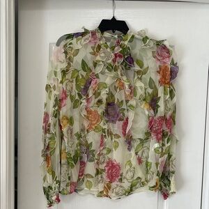 Zara Sheer Floral Ruffle Blouse - Cream with Pink & Green, L